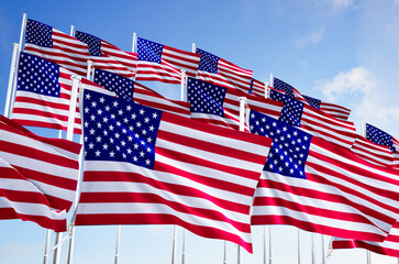 Many usa flags over blue sky background.
