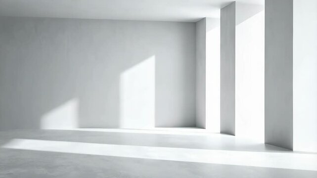 Minimalist white architectural space featuring concrete walls and floor with geometric columns and sunlight casting shadows in an empty room.