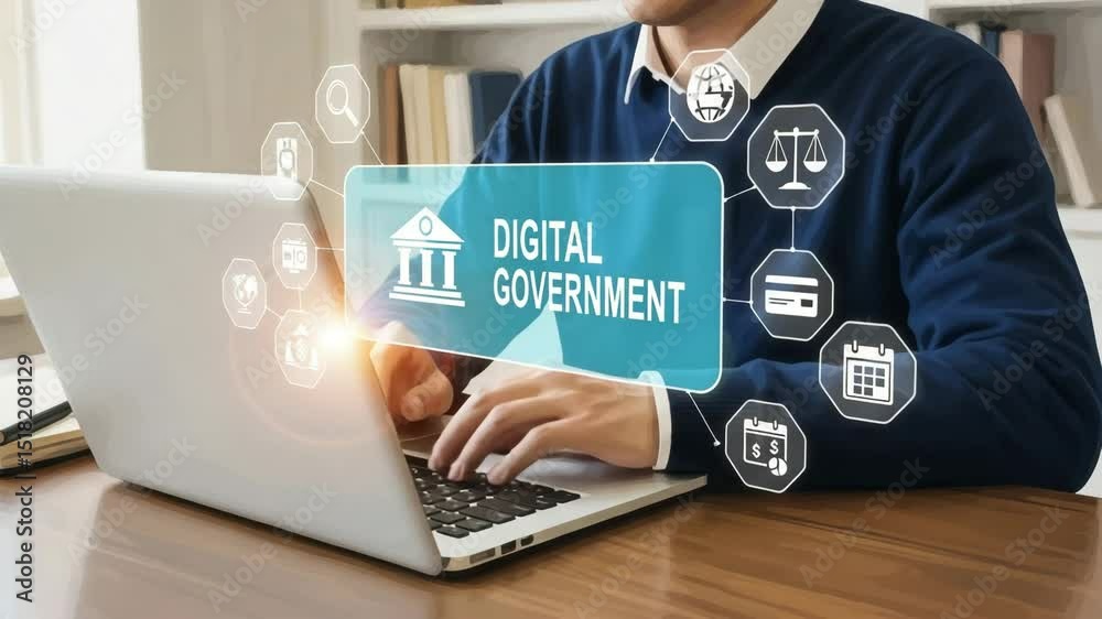 Poster person typing on laptop with digital government interface overlayed on the screen display showing ic