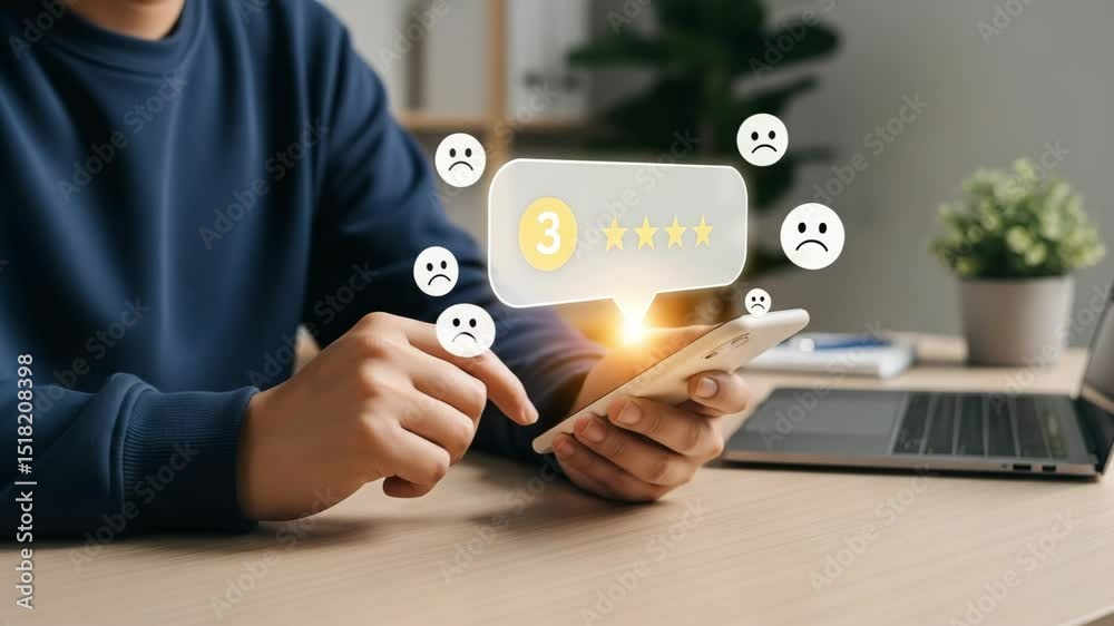 Poster person using smartphone with three stars rating and sad face emojis floating around it near a laptop