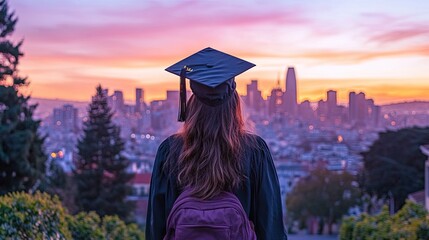 Graduating student gazing at cityscape at sunrise.