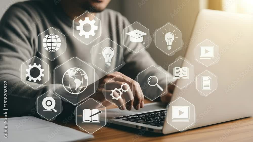 Poster man using laptop with education and technology icons overlayed on the screen in a bright setting
