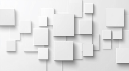 Clean 3D white squares with subtle shadows create a modern, abstract background, some connected by thin lines.