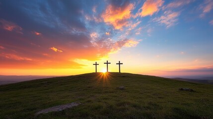 Obraz premium A serene and inspiring landscape featuring three crosses silhouetted against a breathtaking sunset sky symbolizing the Christian faith and the sacrifice of Jesus Christ
