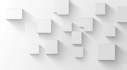 Clean 3D white squares with subtle shadows create a modern, abstract background, some connected by thin lines.
