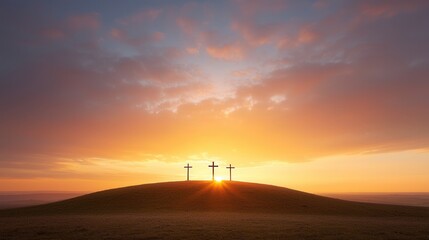 Dramatic and serene landscape with three silhouetted crosses on a hill against a vibrant colorful sunset sky
