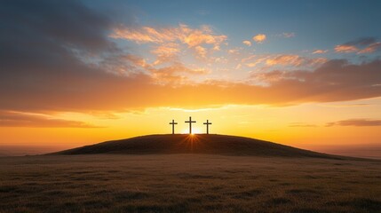 Three wooden crosses stand solemnly on a distant hill their silhouettes etched against a breathtaking sunset sky ablaze with vibrant hues of orange pink and gold