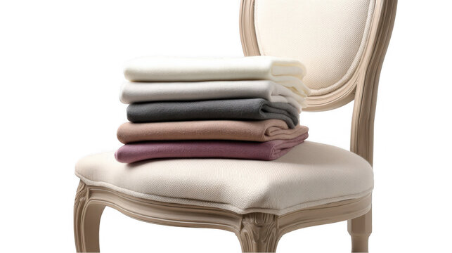 Stacking warm, cozy knitted blankets in various colors on an elegant chair, enhancing comfort and style for any interior design, with a transparent background for versatile use