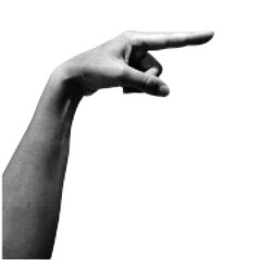 Human hand in dotted halftone pop art style pointing on the right. Halftone woman hand isolated on transparent background. Collage element for posters, banner, mixed media design