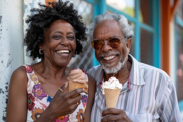 Portrait of a grinning afro-american couple in their 40s eating ice cream