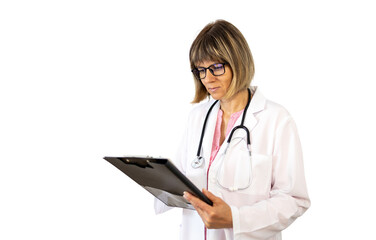 Confident doctor reading medical chart on transparent background