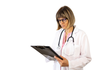 Confident doctor reading medical chart on transparent background