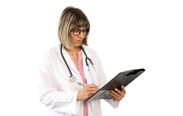 Female doctor writing on clipboard with transparent background