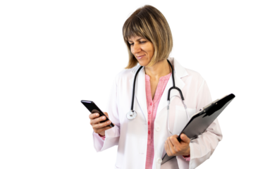Female doctor using smartphone and holding clipboard on transparent background