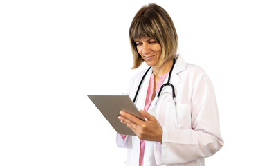 Confident doctor using digital tablet with transparent background