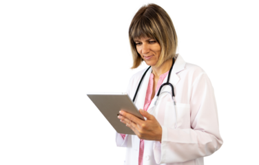 Confident doctor using digital tablet with transparent background