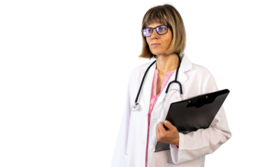 Confident female doctor holding clipboard on transparent background