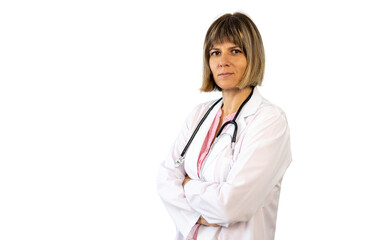 Fototapeta premium Confident female doctor posing with crossed arms on transparent background