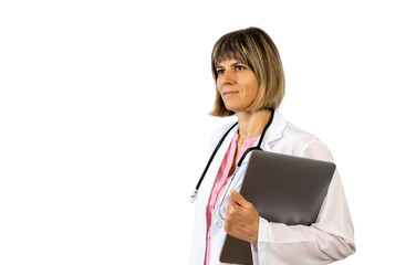 Confident doctor holding laptop and looking away on transparent background