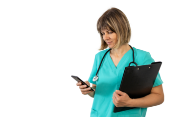 Female doctor using smartphone and holding clipboard on transparent background