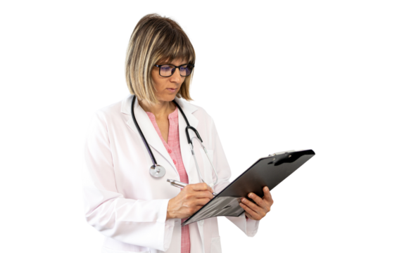 Female doctor writing on clipboard with transparent background