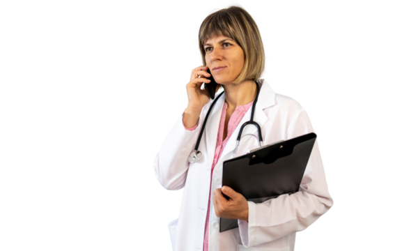 Female doctor talking on phone holding medical chart on transparent background