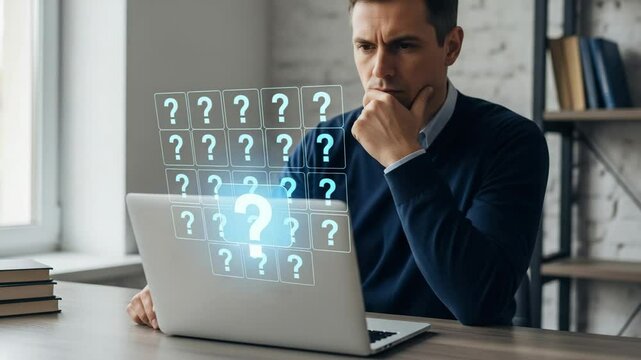 Man pondering over laptop with question marks floating, hand on chin, looking thoughtful and serious