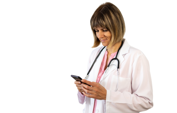 Female doctor browsing smartphone with transparent background - Powered by Adobe