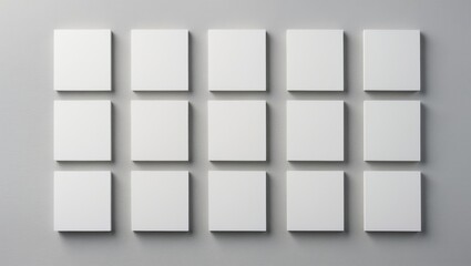 Three minimalist white square business card mockups with subtle shadows on neutral light grey concrete wall background. Flat lay, top view