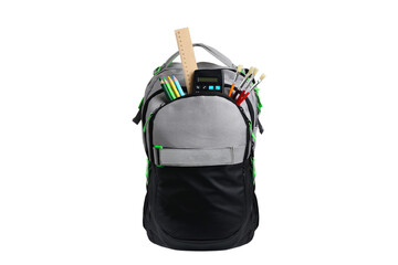 Grey school backpack with stationery on white background