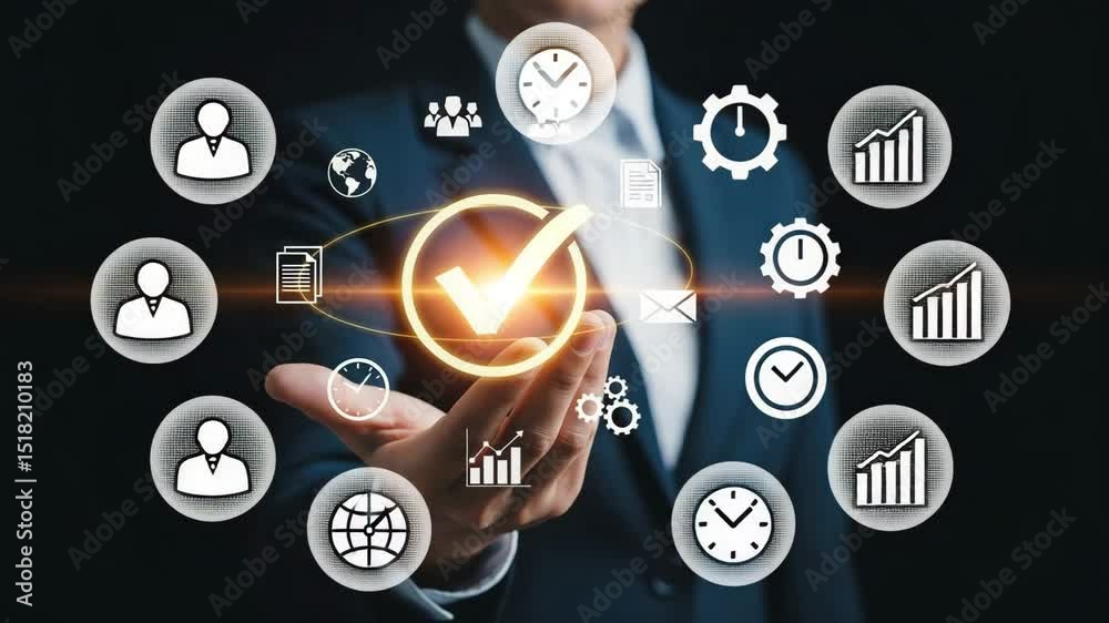 Poster Person holding glowing checkmark with icons floating above hand in a dark background setting