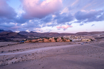 Aerial view of village amidst arid landscape, Fuerteventura