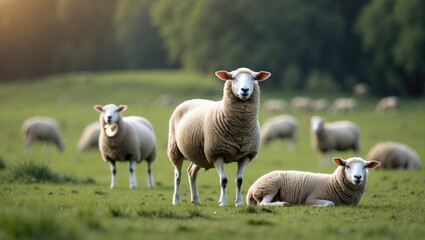 Fototapeta premium Cute white sheep munching in a scenic green farm setting with grass and nature elements