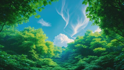 Tree tops against a blue sky and clouds with green foliage as a natural frame of deciduous crowns.
