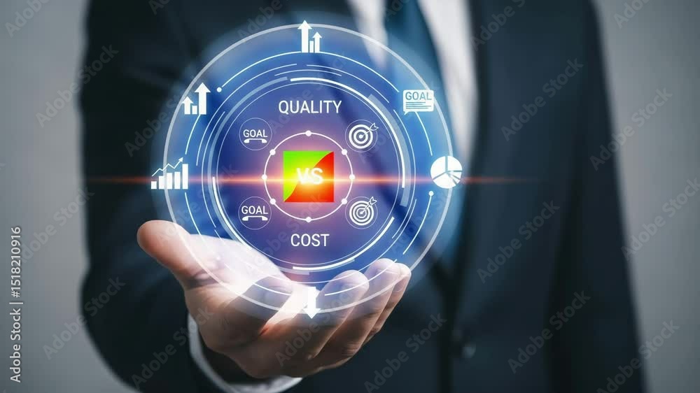 Poster a man holding a digital display showing quality versus cost with business related icons around it