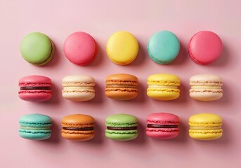 Obraz premium Vibrant Assorted French Macarons Arranged in Colorful Rows on Pastel Pink Background, Gourmet Dessert Selection for Bakery, Patisserie, Cafe, and Confectionery Concepts