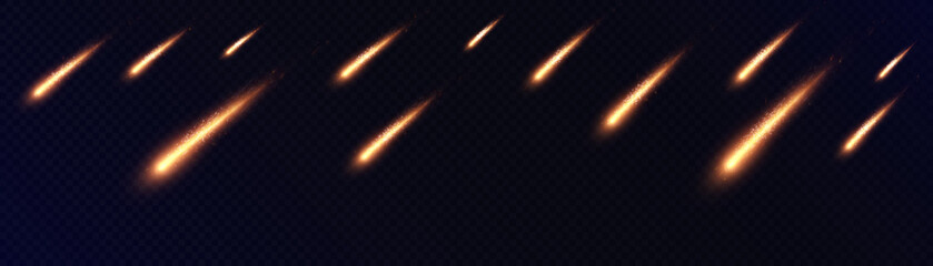 Flaming meteors with sparks and smoke on a dark background, creating the effect of a catastrophic fall. Ideal for themes of space, destruction and speed. © Valeriia