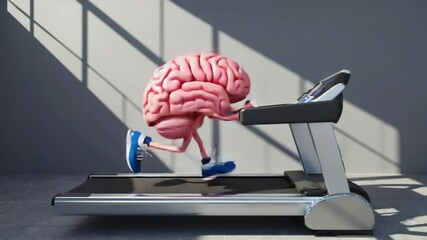 Animated brain character running on a treadmill exercising for mental health fitness concept - Powered by Adobe
