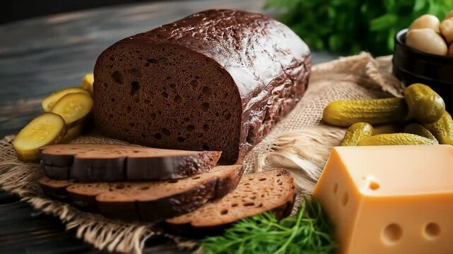 Artisan Bread Platter: An artfully arranged platter showcasing the rich texture of freshly baked artisanal rye bread alongside complementary accompaniments.