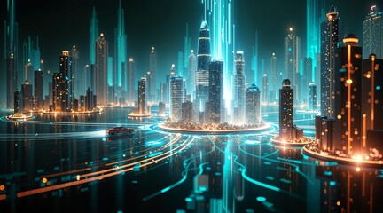 Holographic projection of a vibrant cyberpunk city with neon lit skyscrapers and futuristic vehicles