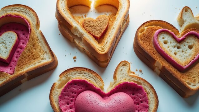 Heart-shaped bread slice with toasted edges on a white background, top view