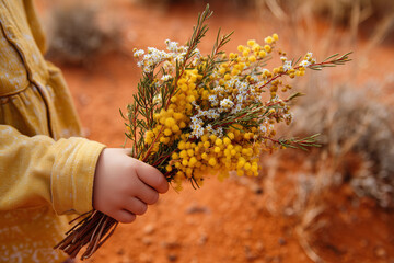 child's hand holding posy of wildflowers in australian red dirt desert
