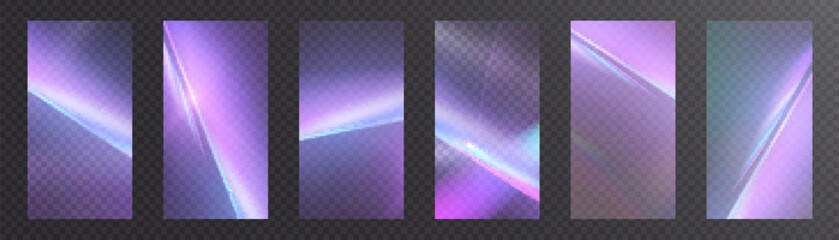 Rainbow light rays, lens flare, reflection effect from crystal, glass or gem. Vector realistic illustration set of light leak effect with spectrum glare, prism refraction, lens flare	