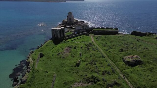 Drone footage capturing the fortified tower of Methoni Castle,Greece 2025