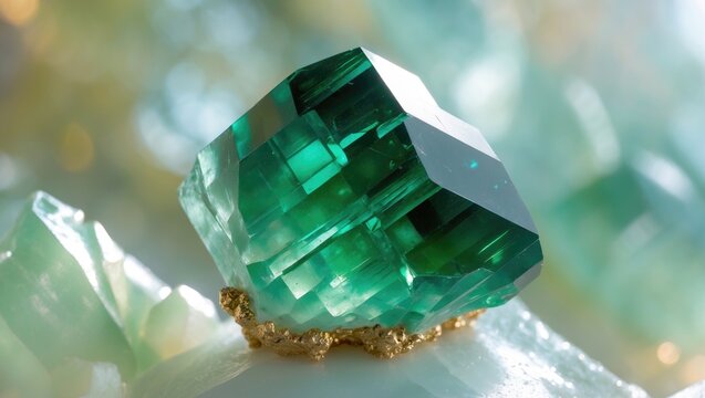 Macro shot of natural mineral rock specimen featuring Dioptase crystal on white background from Altyn-Tyube mine, Karaganda, Kazakhstan