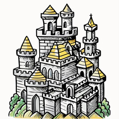 Hand-drawn illustration of a majestic medieval castle
