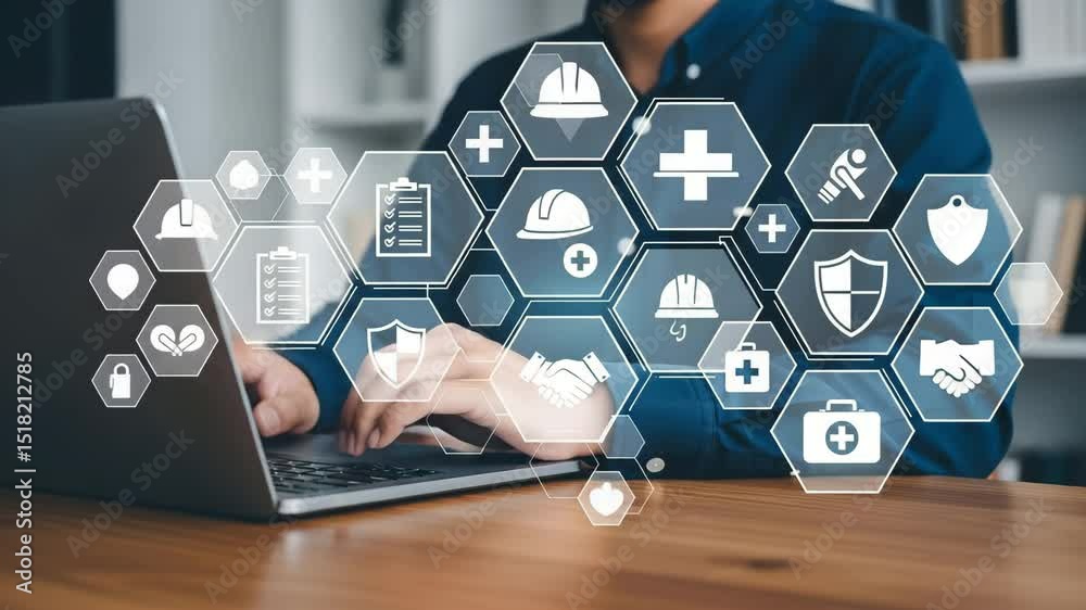 Poster man typing on laptop with health and safety icons overlayed on screen and wooden table surface