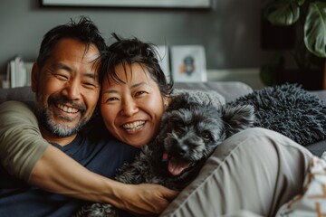 Portrait of a happy asian couple in their 40s relaxing with their dog on the sofa