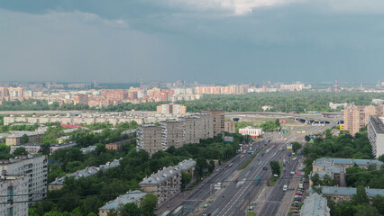 Traffic on the elevated avenue road aerial timelapse overpass on highway in a big city