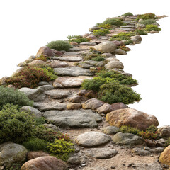 Tranquil stone path meanders through peaceful garden, surrounded by lush greenery and vibrant plants. natural stones create serene atmosphere, inviting relaxation and contemplation